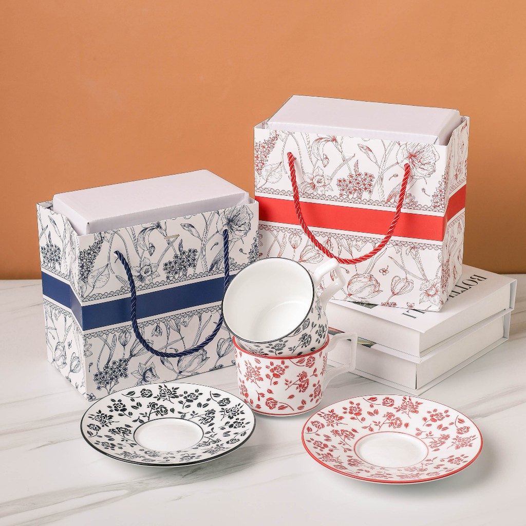 WweiShop Set Cangkir Keramik With Saucer / Hampers Mug Cangkir Plate Keramik Paper Bag Putih Bunga /