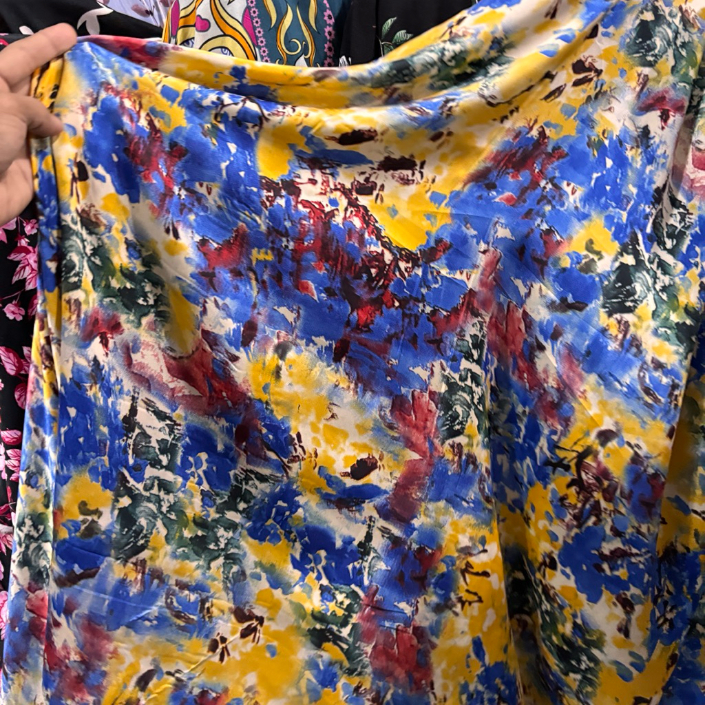 Bahan Kain Satin Silk Abstract Art Royal Blue & Yellow - Kain Meteran High Quality untuk Tunik, Kaft