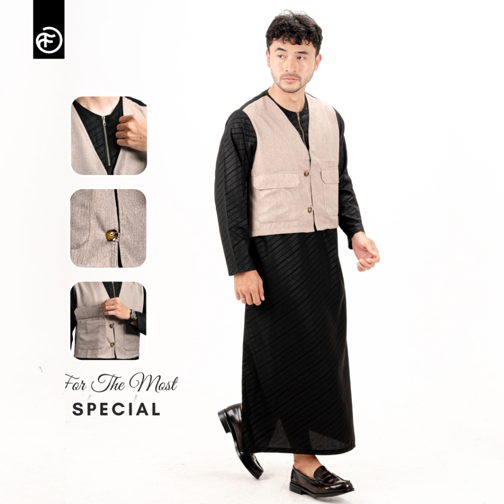 FOBDG Gamis Rompi Bungur Pria Dewasa Menyatu Rompi Embos Muslim Pria Couple Ayah Anak