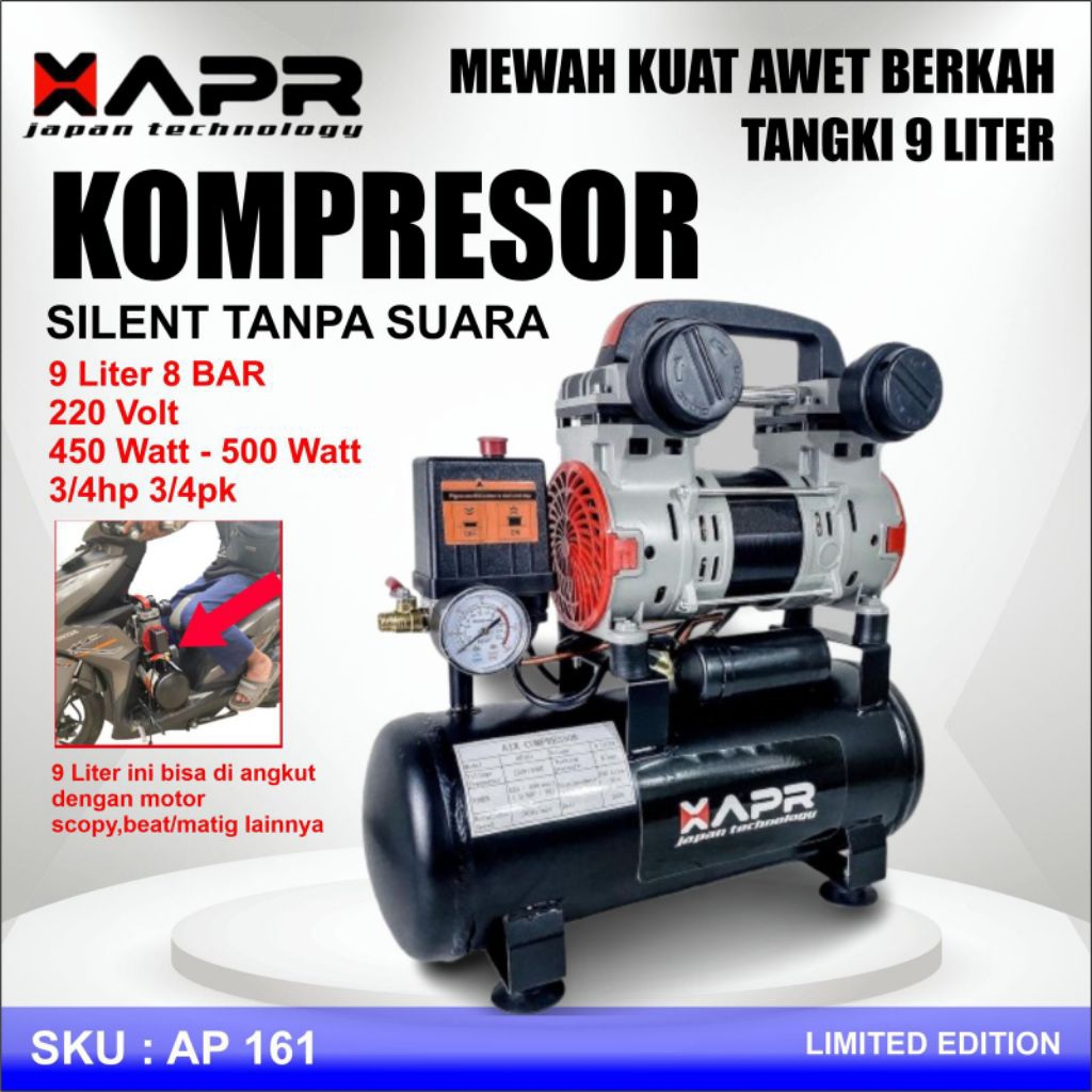 XAPR AP161 Raja Kompresor 9 liter APR AP161 silent 3/4 HP pk 500watt 8bar kompressor GARANSI RESMI