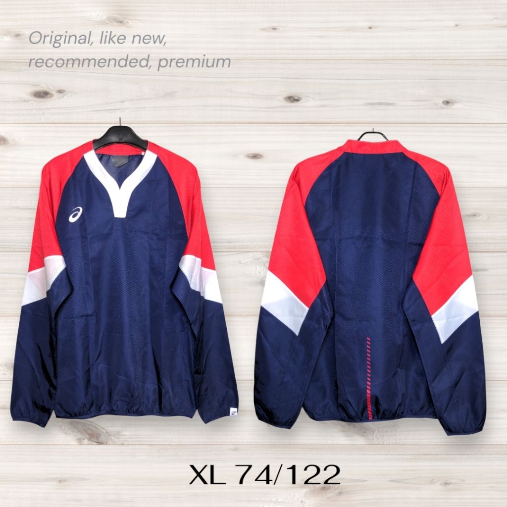 Baseball Jacket 2121A251 V Jean LS ASICS in a red, navy blue, and white colorway