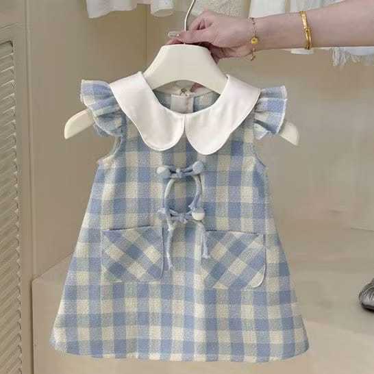 SUMMER BLUE DRESS PRINCESS CHILDREN/DRESS ANAK MOTIF KOTAK KOTAK BIRU LANGIT BIRU MUDA/ DRESS KOREA 