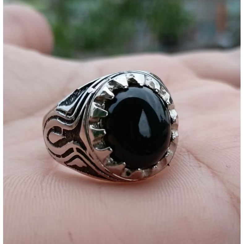 Cincin batu akik yaman wulung hitam ring alpaka ukir
