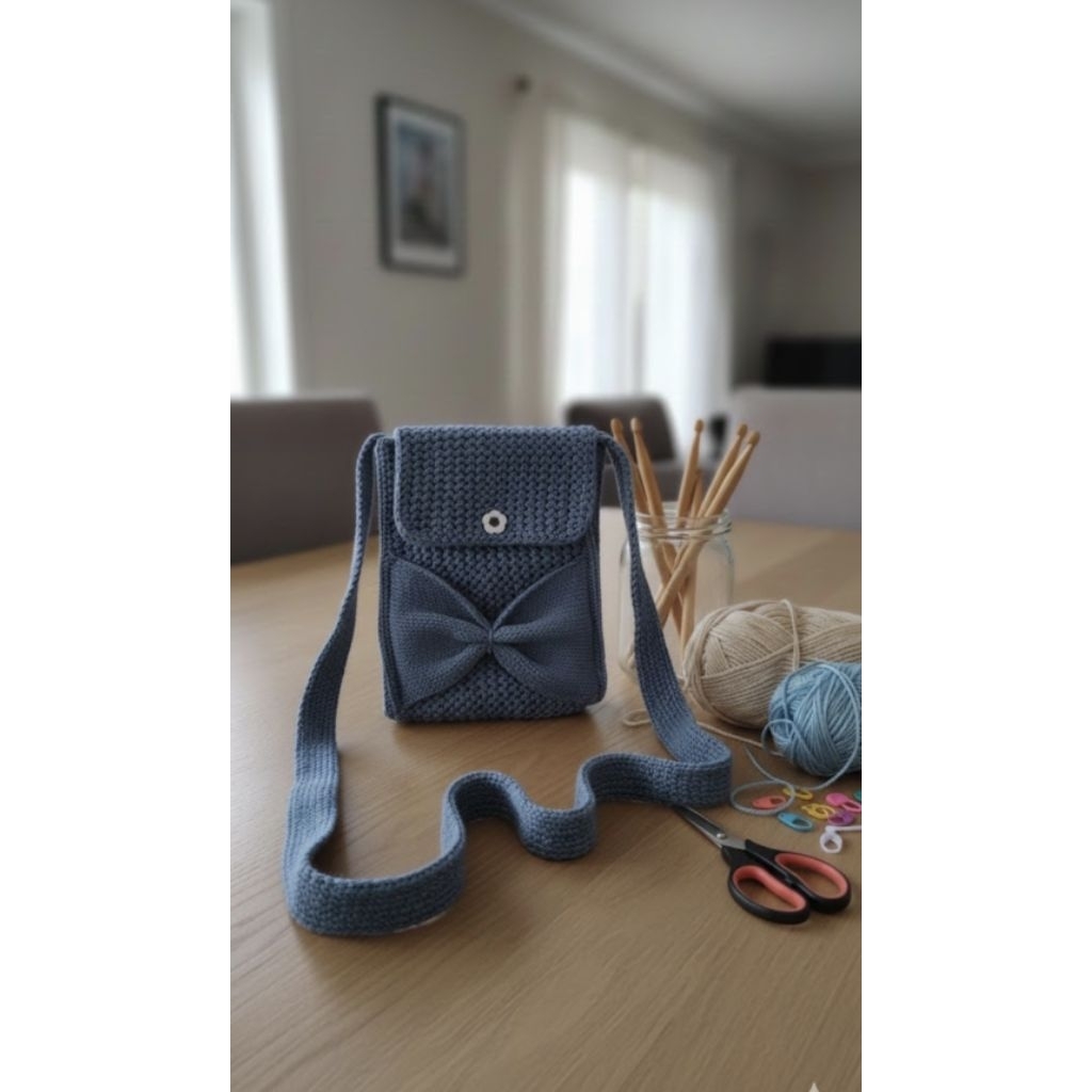 Tas Rajut Selempang Pita Mini || Tas Hp || Warna Denim