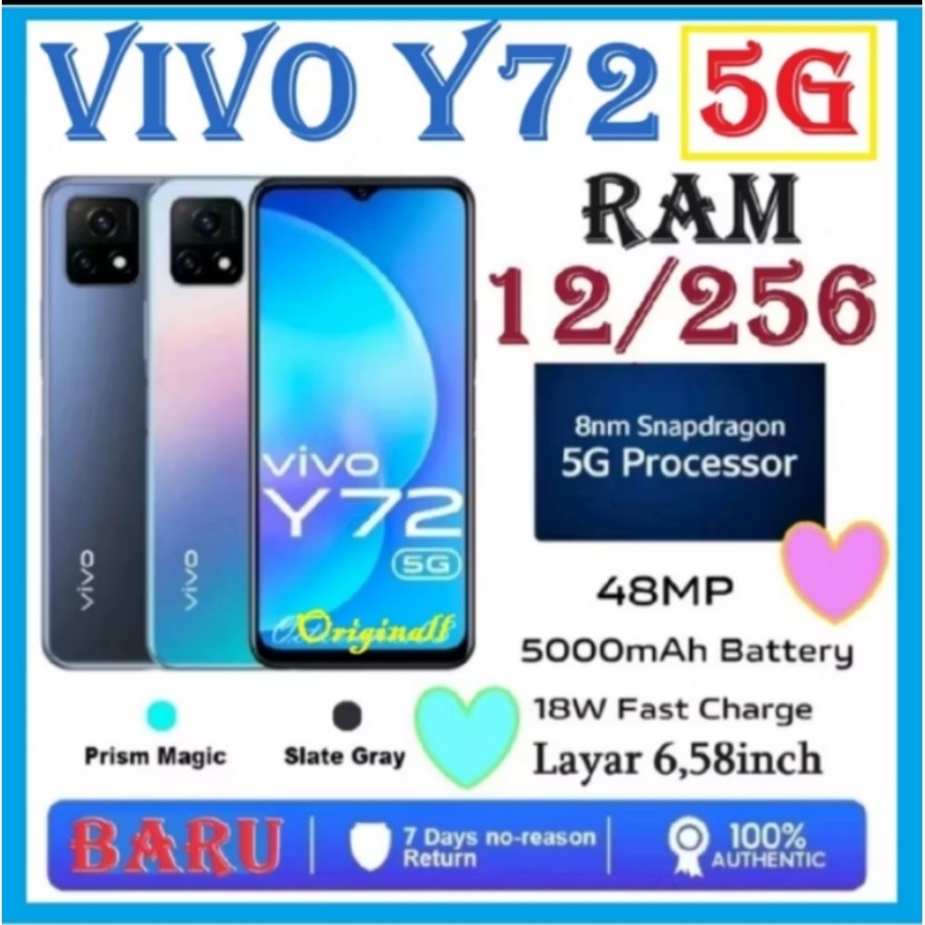 (COD) (ORi) BERGARANSI Hp VIVO Y72 (5G) RAM 12+256GB | Baterai 5000mAh | Kamera 50MP | Layar 6,58inc