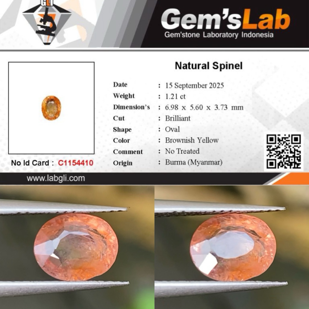 1,21 cts Natural Brownish Yellow Fire Spinel origin Burma (Myanmar) No Treatment Memo GLI