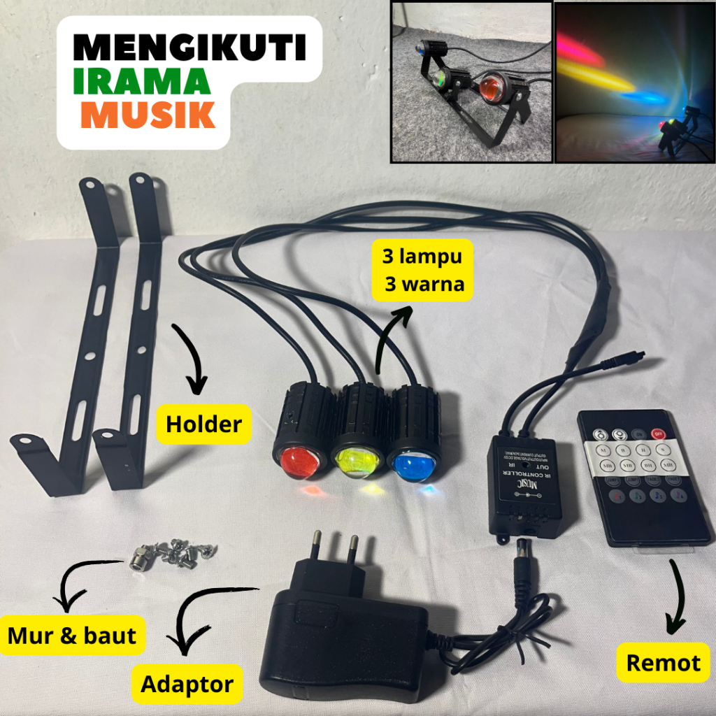 Lampu Led Ikuti Irama Musik 3 Warna Lengkap Satu Set Dilengkapi Holder Tambahan