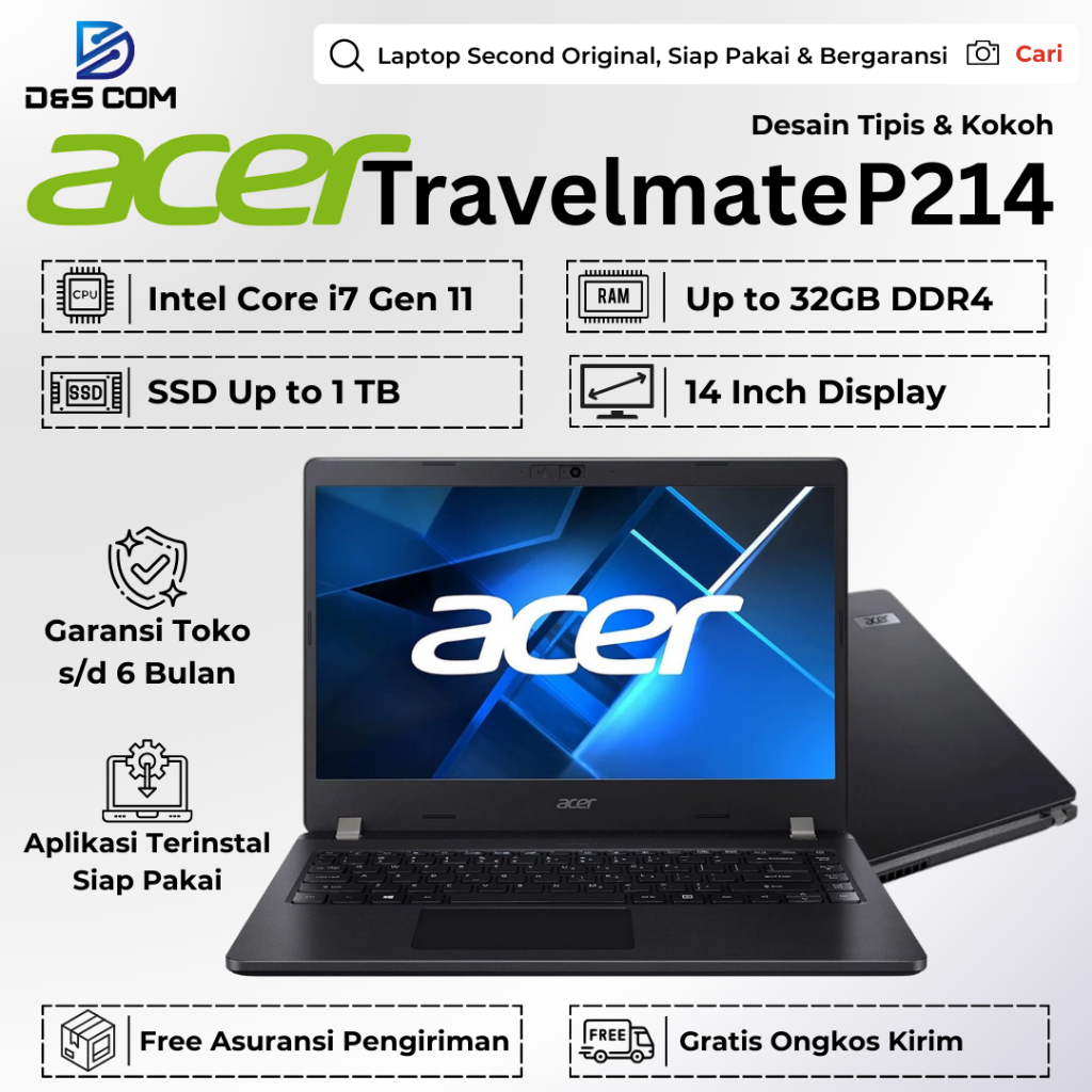 Acer TravelMate P214 i7 / i5 Gen 11 8GB 16GB 512GB Laptop Second Bergaransi Siap Pakai Original