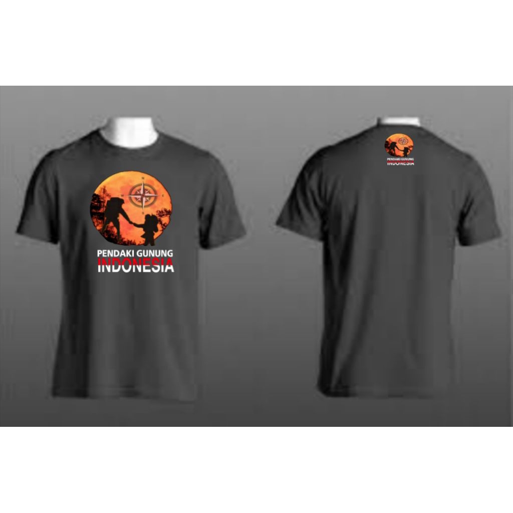 Baju kaos abu gelap pendaki gunung Indonesia sablon DTF