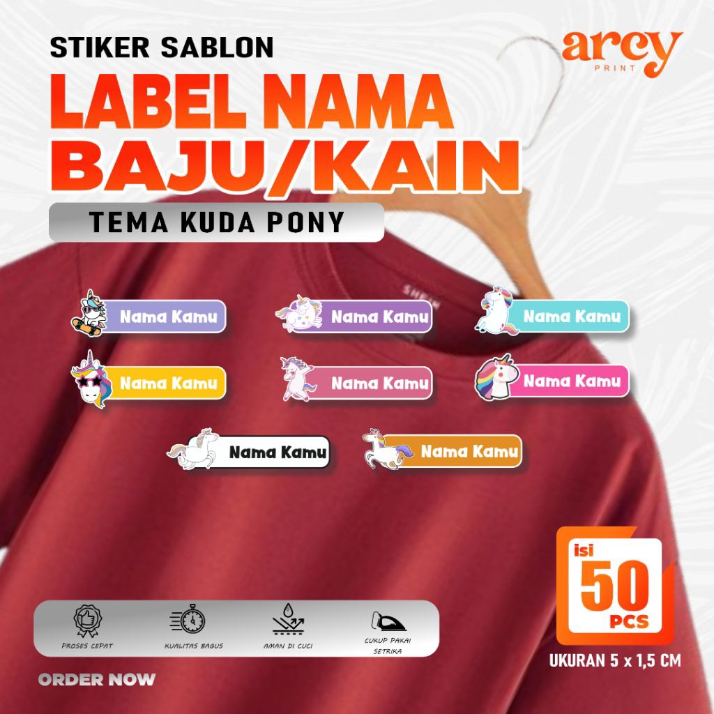 ( 50 pcs ) Custom Cetak Stiker kain sablon nama kaos label nama DTF cukup pakai setrika Tema Kuda Po