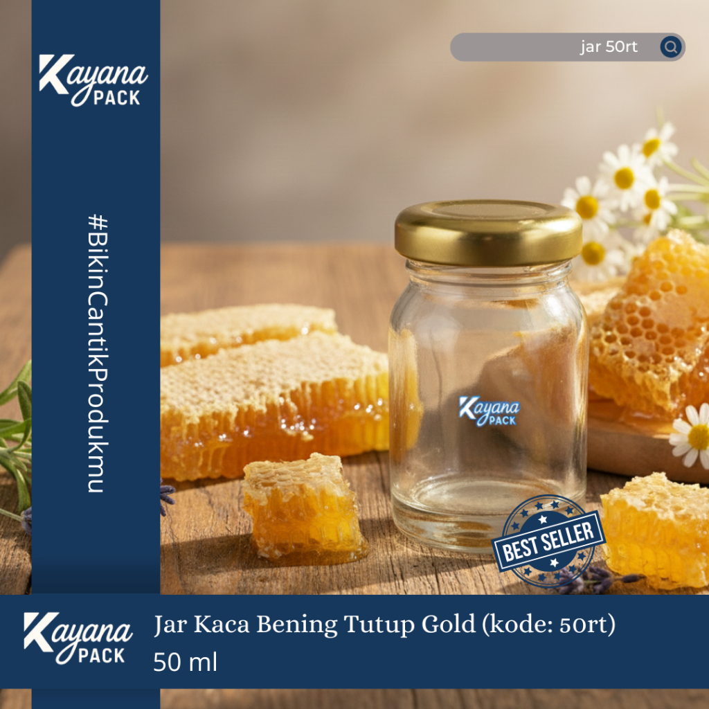 TOPLES JAR KACA 50ML BENING TUTUP EMAS GOLD - jar kedap udara (TOPLES JAR KACA 50rt)