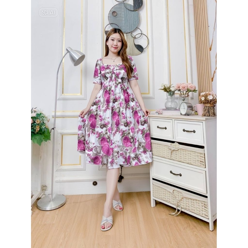 Daster Bali panjang Anatari Serut Dada Rok Ruffle