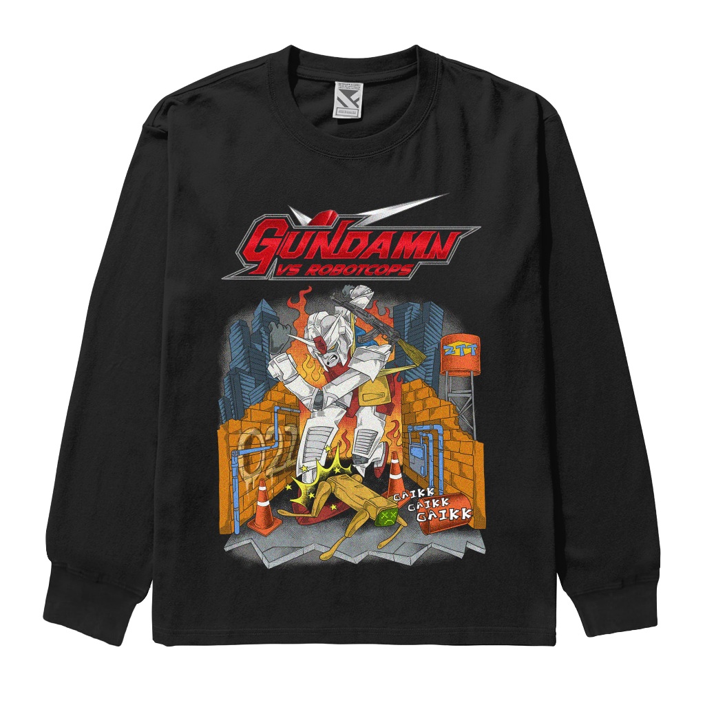 Zerotwentytwo Longsleeve Robot Gundamn Black | Kaos Lengan Panjang Gundam VS Robot Polisi Hitam Pria