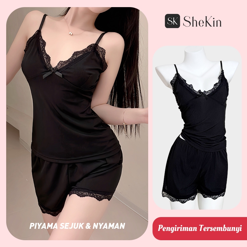 SheKin Setelan Piyama Wanita Seksi Baju Tidur Renda Tanktop Nyaman Premium Bahan Milk Silk Dingin