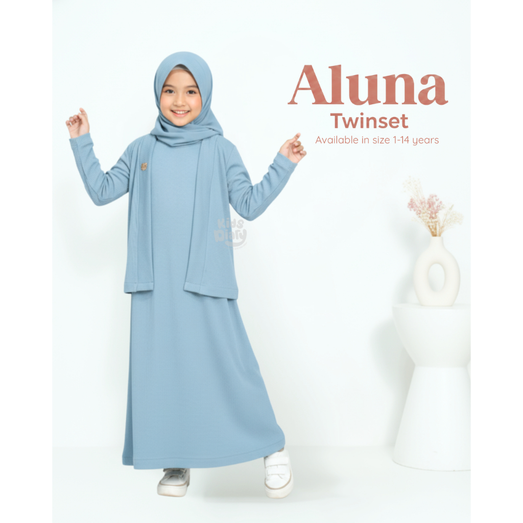 Setelan Gamis Inner Mix Cardigan Aluna Twinset Polos Anak Perempuan Set Muslim Premium Knit 1-14 Tah