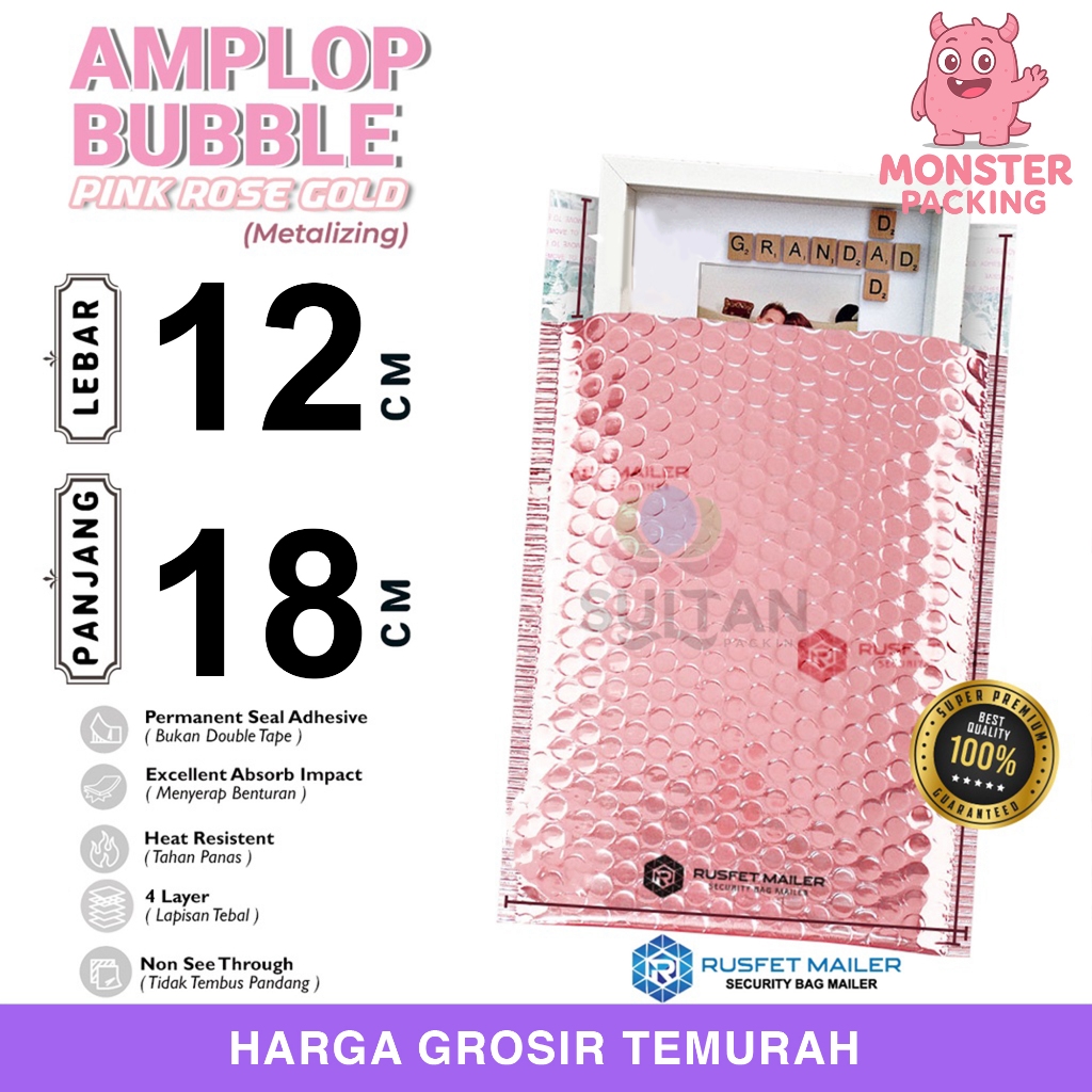 AMPLOP BUBBLE MAILER PINK ROSE GOLD 12x18cm WRAP ENVELOPE RUSFET SATUAN PREMIUM