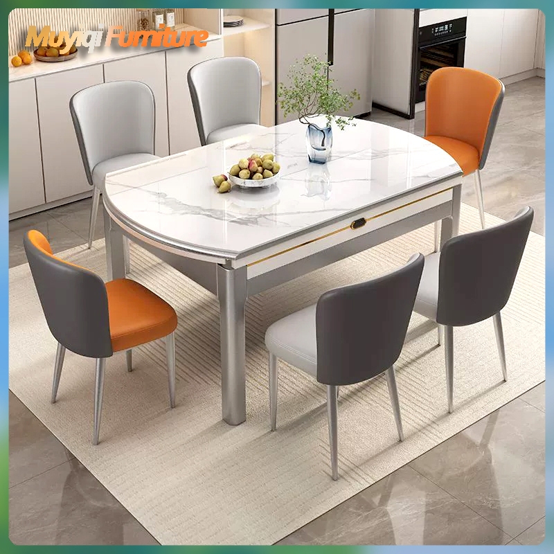 Meja makan marmer lipat sederhana / set meja makan / meja makan batu tulis / meja bundar teleskopik