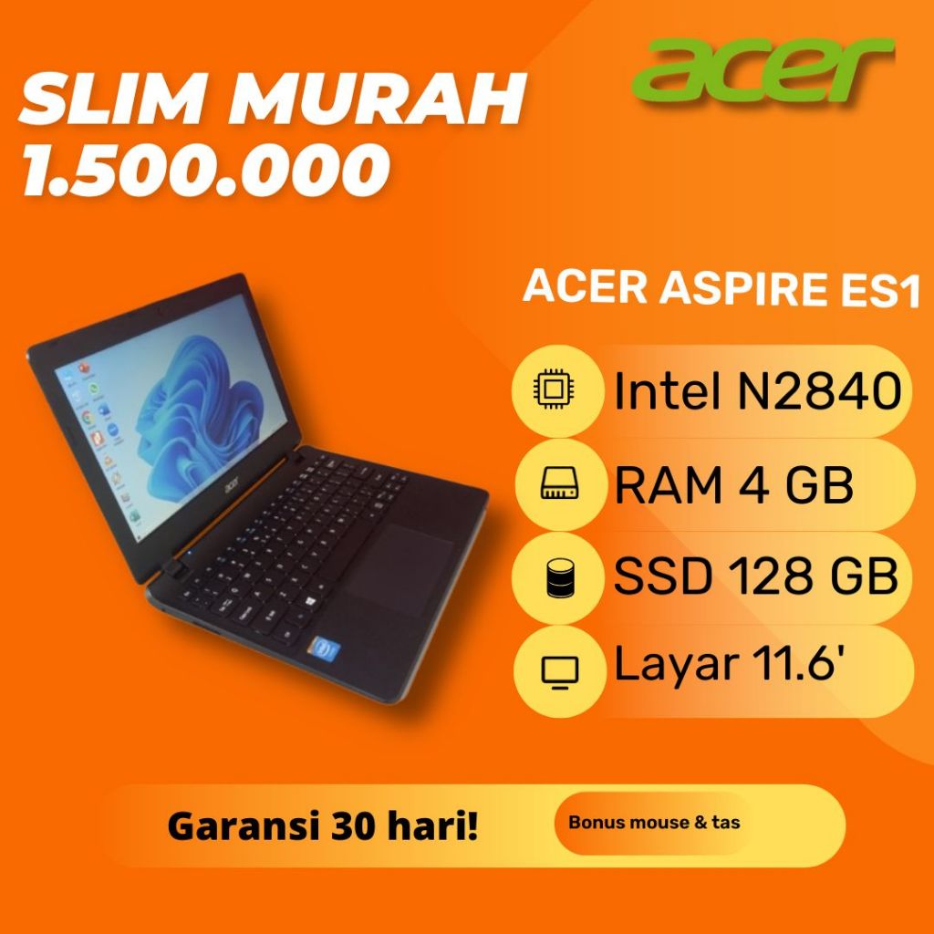 Acer ES1-111-CU5A Slim Tipis SSD 128GB Windows 10 Original Ori Netbook Notebook Second Bekas