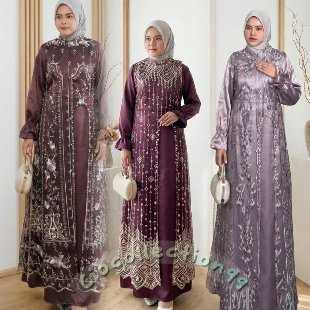 MELIA Set Outer Tile Bordir Aplikasi Payet Mutiara Tembak Gamis Pesta Wanita Dress Kondangan Kekinia