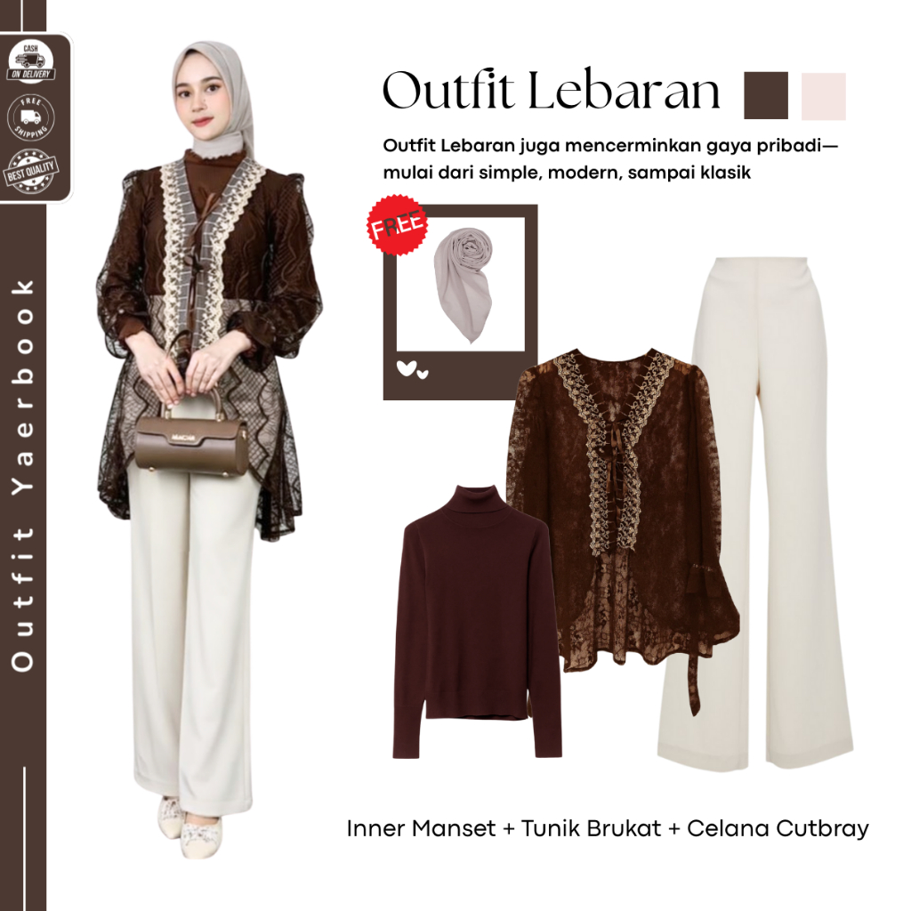 Bella One Set Hijab Simple Mahoogany ( Inner Manset + Brukat Wiza + Celana Cutbray ) Setelan 4 In 1 