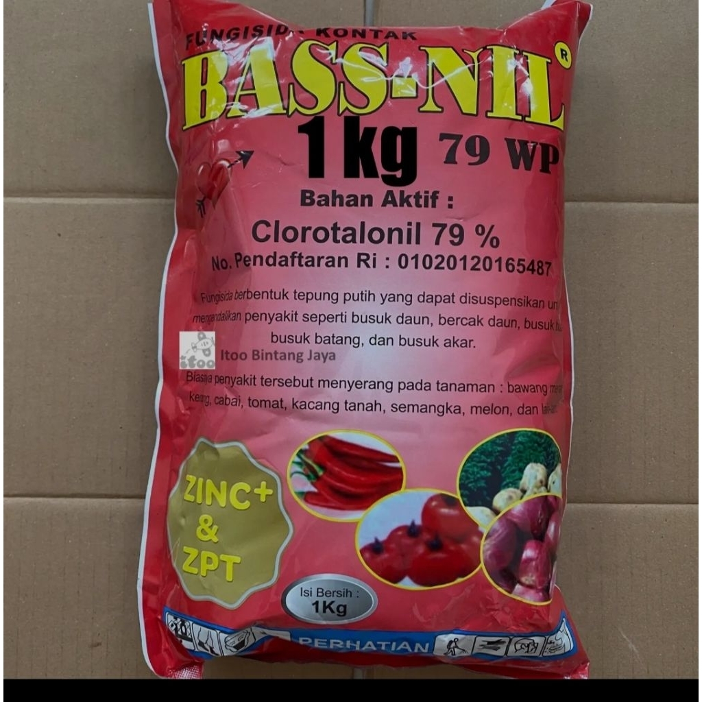 Fungisida BASSNIL 79 WP kemasan 1 kg dan 500 gram, bass nil klorotalonil 79% anti jamur dan penebal 