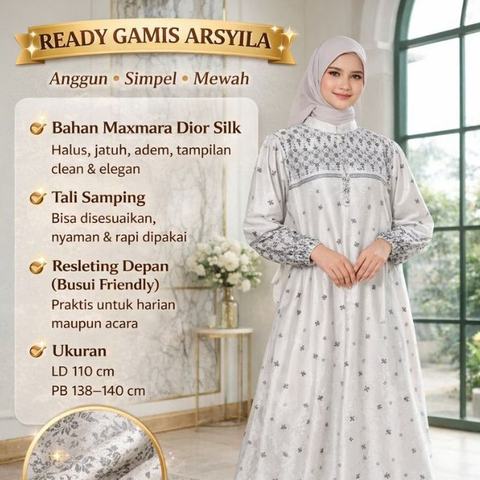 Gamis Wanita Maxmara Dior Silk Motif Premium | Busui Friendly Resleting Depan | Tali Samping | Dress