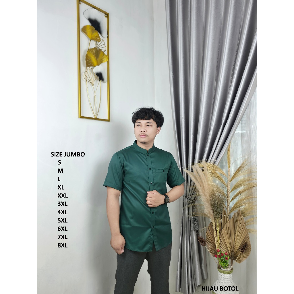Kemeja Koko Polos Pria Lengan Pendek Jumbo S-8XL Katun Toyobo Lembut Adem Warna HIJAU BOTOL