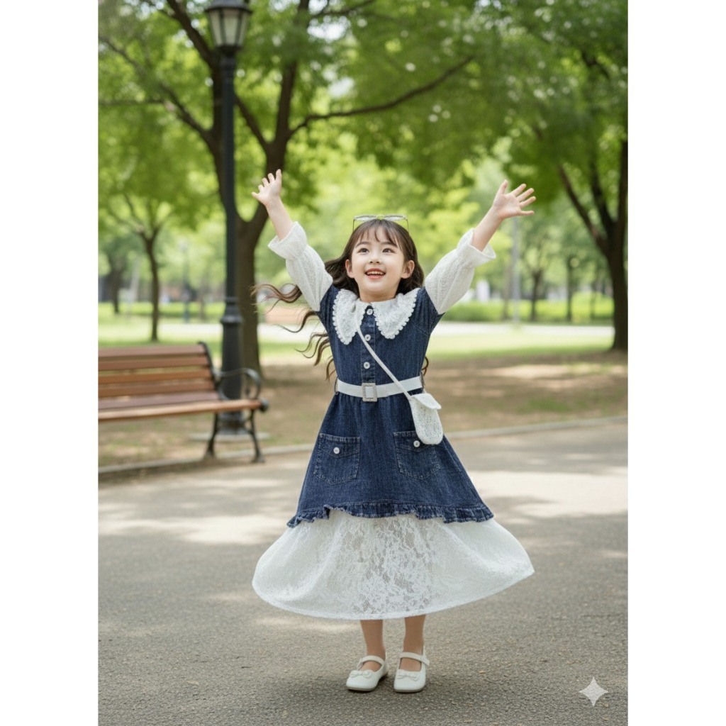 Gamis Jeans Anak Karina Mix Brukat  Free Belt Dan Tas Cantik/ Semi Gamis Anak Muslimah Kekinian Usia