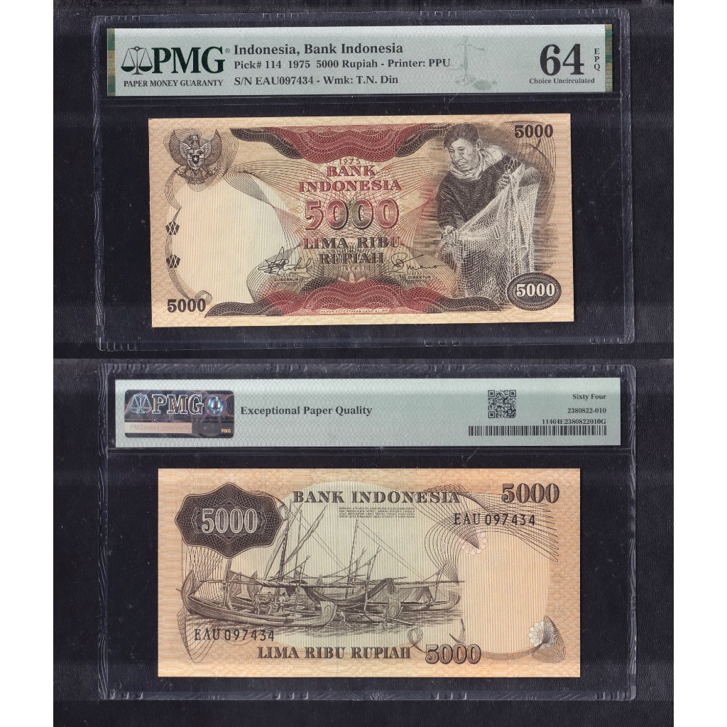 Uang kuno PMG 64 EPQ - 5000 rupiah  tahun 1975 'Nelayan Penjala Ikan