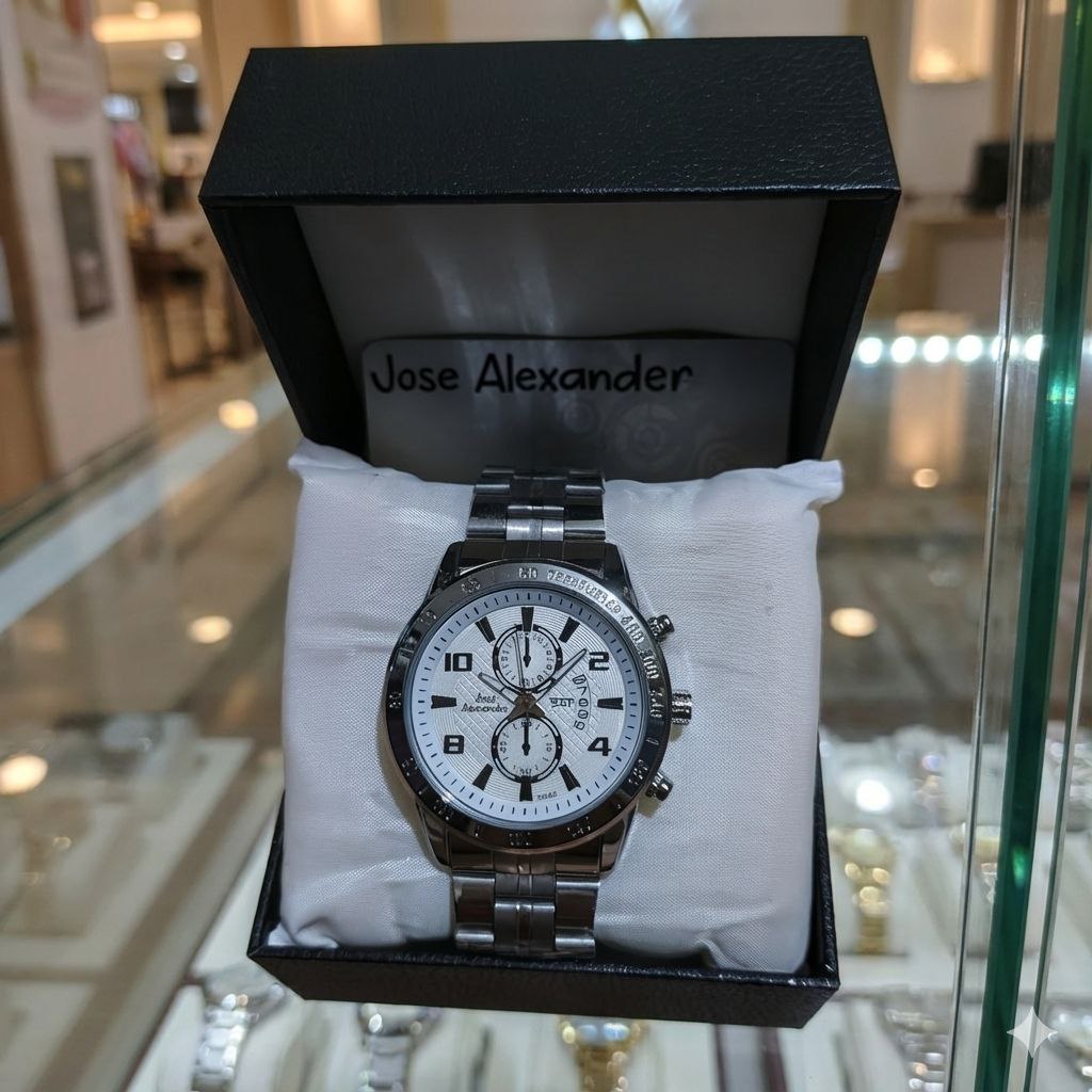 Jam Tangan Pria Silver / Putih Jose Alexandre Tanggal Hari Aktif Rantai Stainless