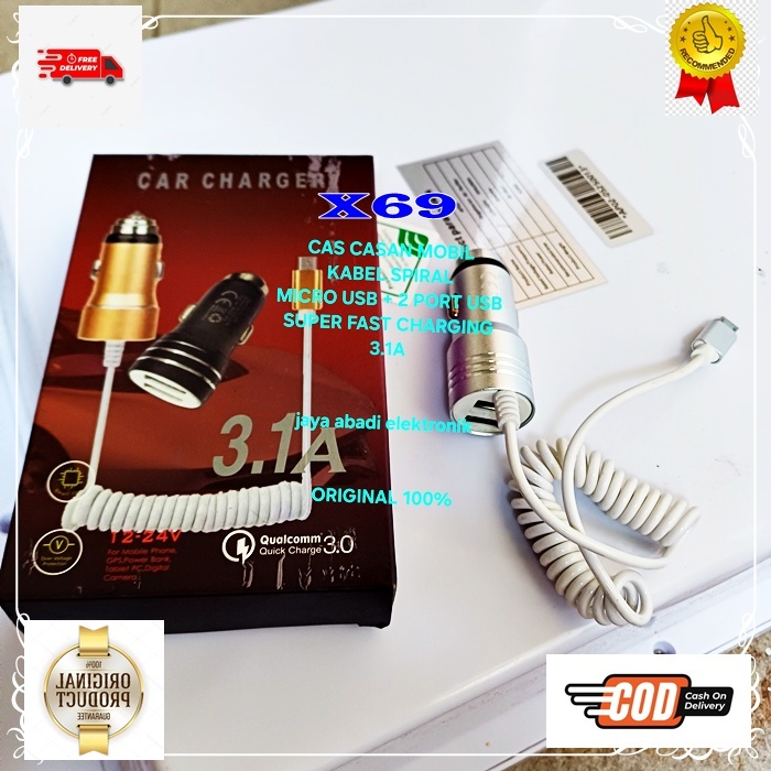 X69 CASAN MOBIL 2 USB ADAPTOR SAVER ORI 100% 3A 3 A CAR CHARGER SPIRAL SPRING TRAVEL ADAPTER CAS  CH