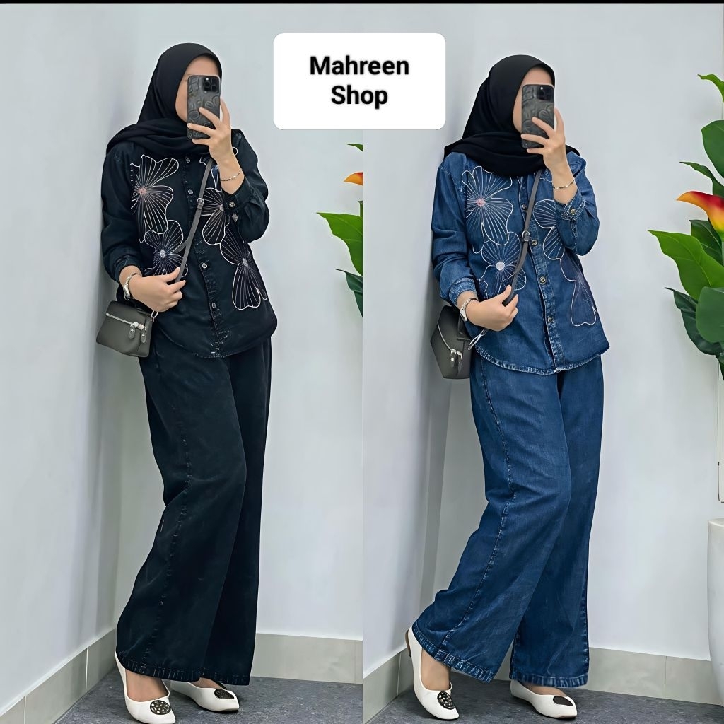 Oneset Wanita Kekinian, Setelan Jeans Denim wanita Kekinian, setelan jeans bordir kekinian, OOTD wan