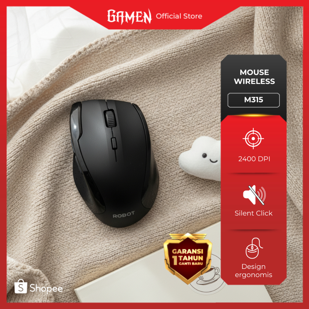 ROBOT Mouse Wireless M315 2400DPI Silent Click 6D Design Ergonomis, Mouse Tanpa Kabel Responsif & Ny
