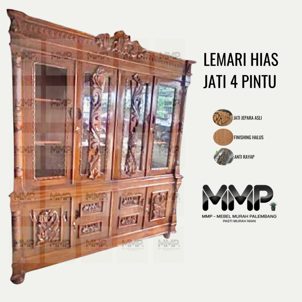 Lemari Hias Jati Ukir 4 Pintu | Lemari Pajangan Lemari Hias Jati Jepara Asli Murah Palembang