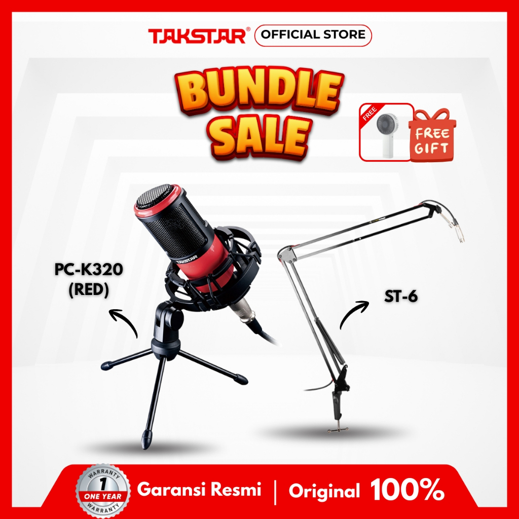 TAKSTAR Paket Bundling PC-K320 Mikrofon Condenser + ST-6 Stand Mic | Recording, Podcast, Streaming, 