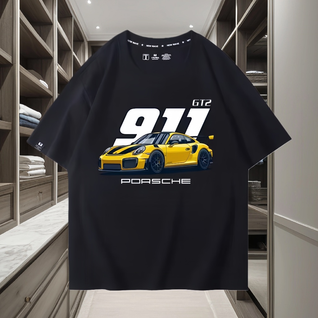 Kaos Pria Hitam PORSCHE 911 GT2 | Gambar Mobil Sport Kuning Detail, Bahan Cotton Premium Nyaman