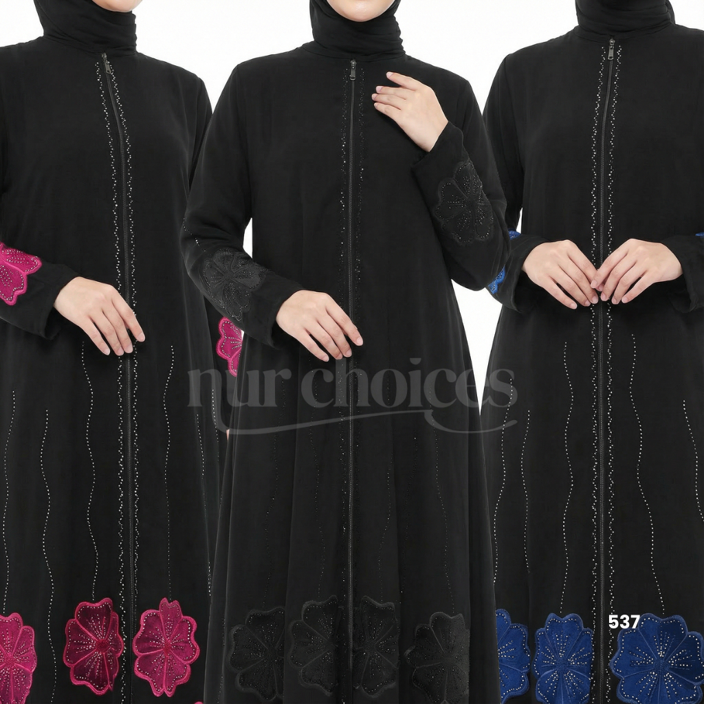 NC - Kaftan Abaya Ori Jetblack Bludru Timbul Gamis Wanita Jumbo Mewah Elegan Lebaran 2026 Bloom 537
