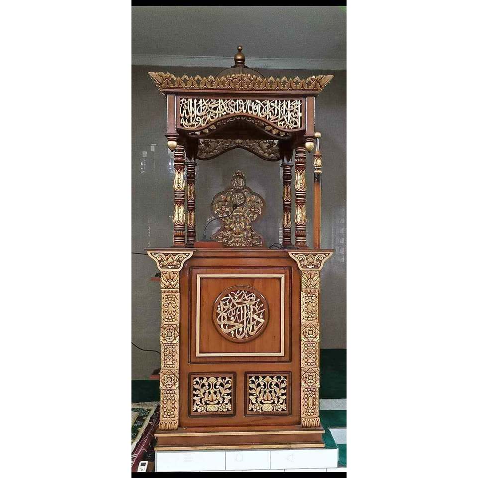 Mimbar Masjid Besar Model Kubah Ukiran Kayu Jati, Podium Mimbar Ceramah Masjid Mimbar Khutbah Jati P