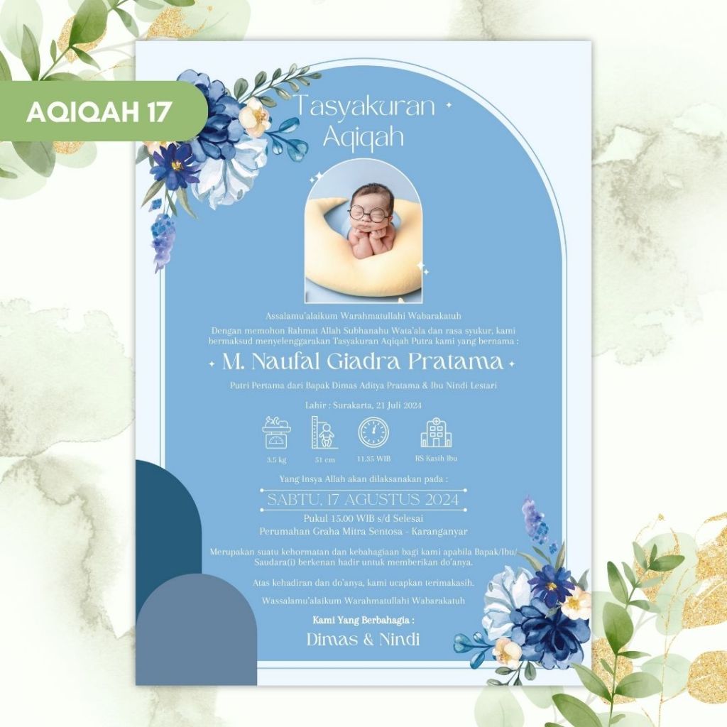 Undangan Digital Aqiqah Code AQ17 Tasyakuran Aqiqah Softfile JPG Tema Floral Biru Elegan Minimalis |