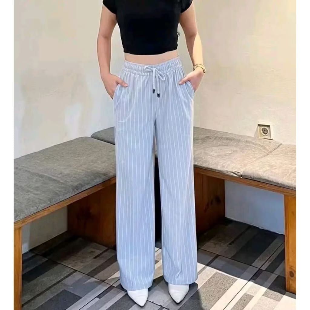 Celana Panjang Wanita Highwaist - Pinggang Karet, Saku Praktis, Pola Garis-garis