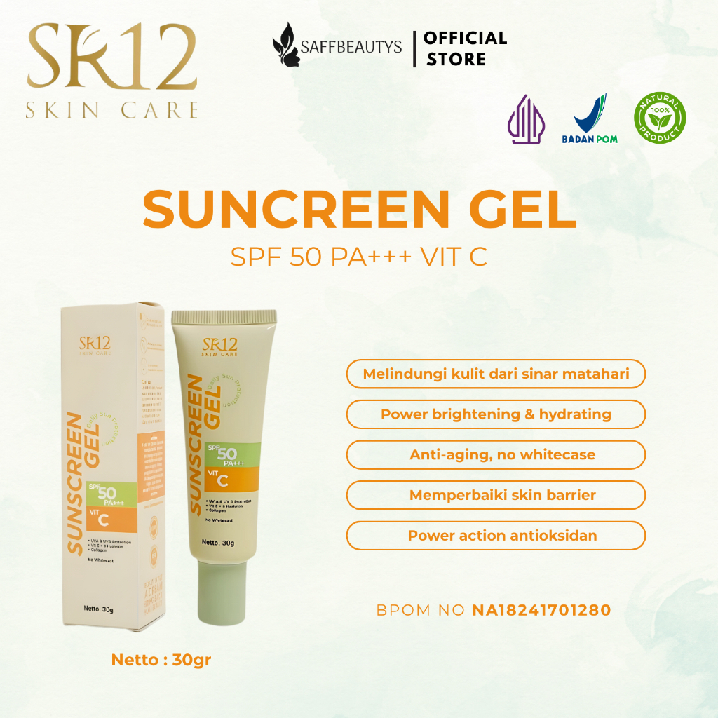 Sunscreen Gel SPF 50 SR12 30gr Melindungi Wajah Dari Sinar Matahari Melembabkan Mencerahkan Bpom