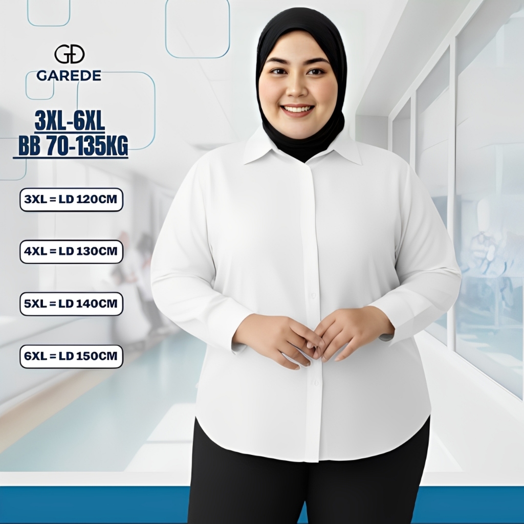 Garede - Kemeja Oversize Wanita Jumbo Lengan Panjang Polos LD 120 130 140 150 Atasan Kerja Putih