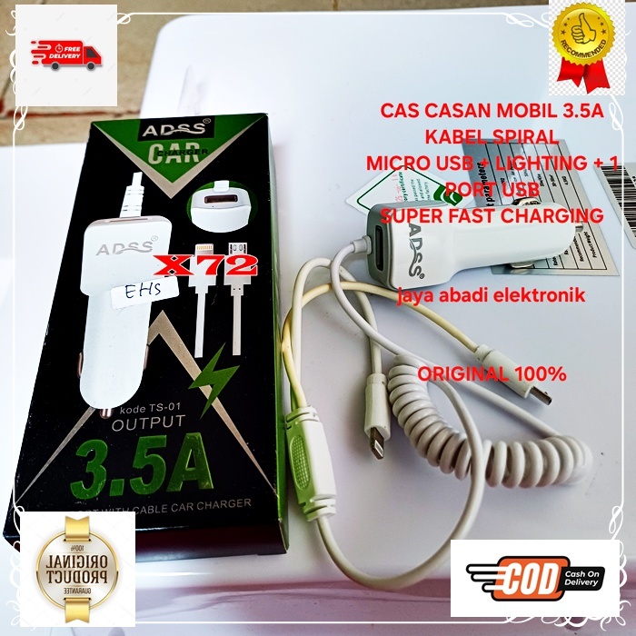 X72  ADSS SAVER 3.5A 3IN1 ADAPTOR ORI 100% 3A CAR CHARGER SPIRAL SPRING TRAVEL ADAPTER CAS CASAN MOB