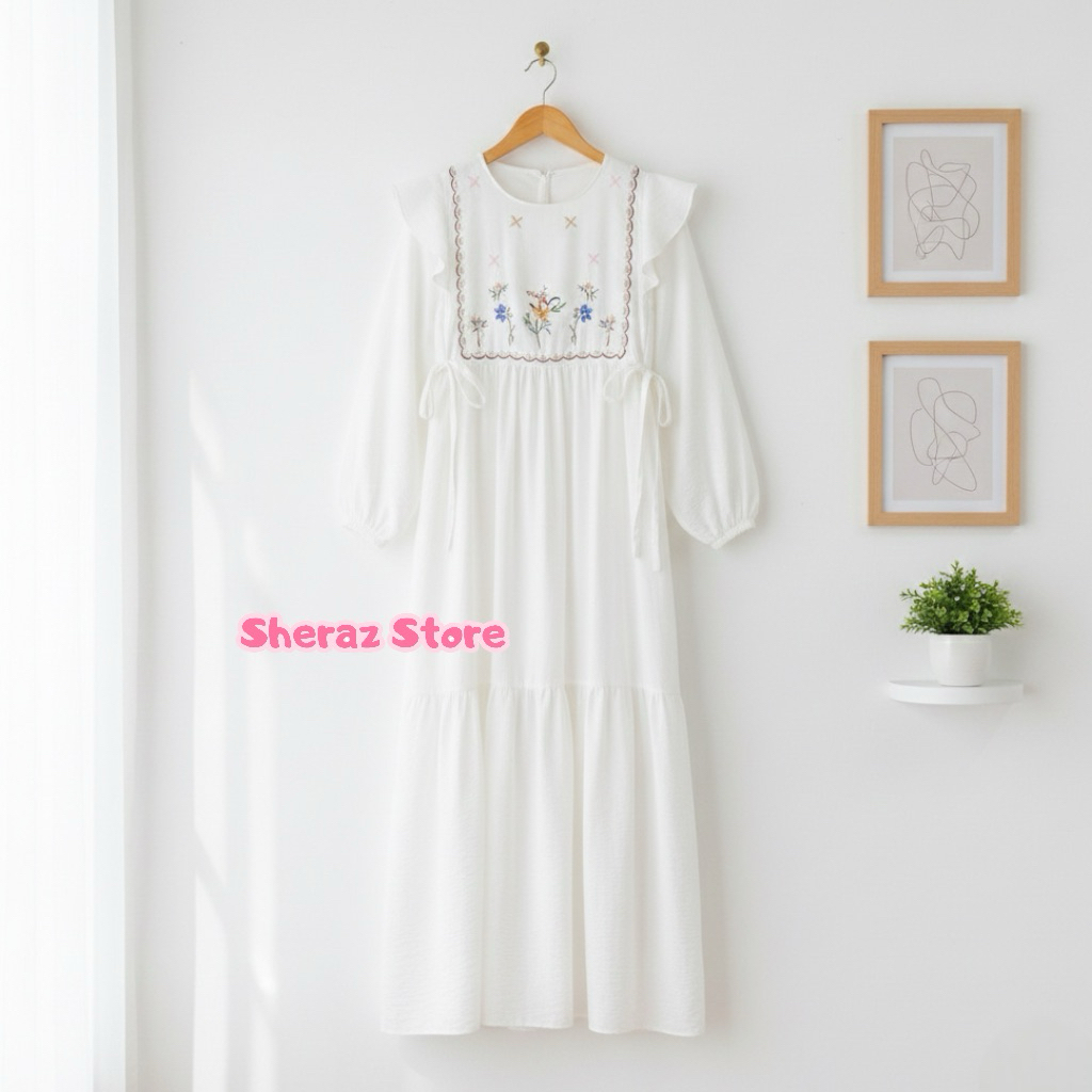 Cherika S M L XL XXL 5L Gamis Dress Polo Linen Bordir Wanita Terbaru Kekinian Jumbo Ld 140 130 120 P