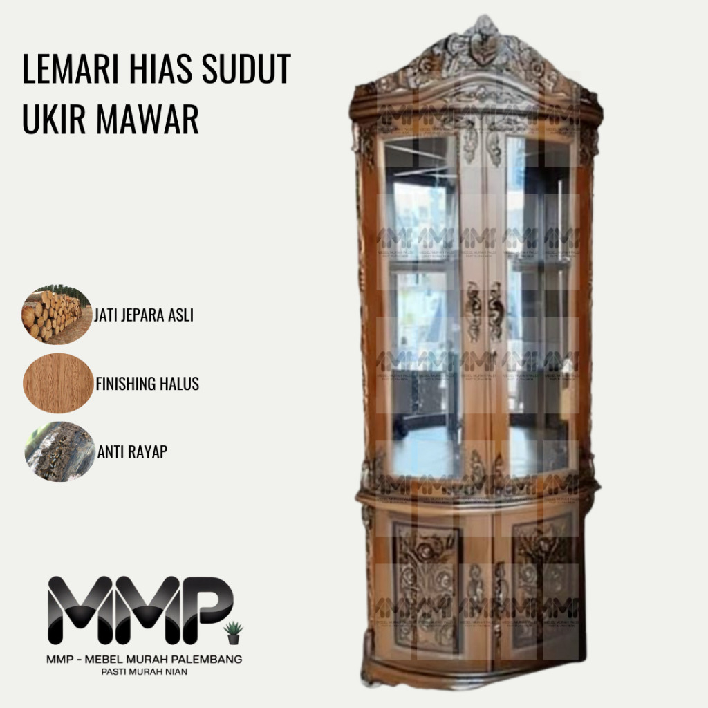 Lemari Hias Sudut Jati Ukir Mawar | Lemari Hias Sudut Jati Jepara Asli Murah Palembang