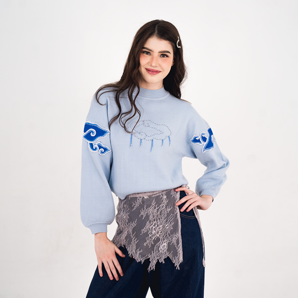 BATIK TRUSMI Rattan Series Blouse Knit Atasan Wanita Batik Mega Mendung Velira Biru