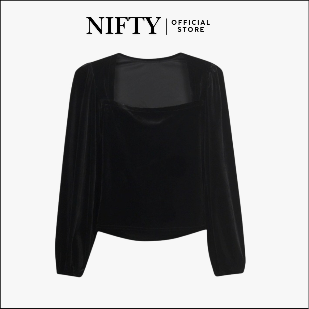 NIFTY.CO Korean Blouse Velvet Top Square Neck Long Sleeve Bluse Lengan Panjang Puff