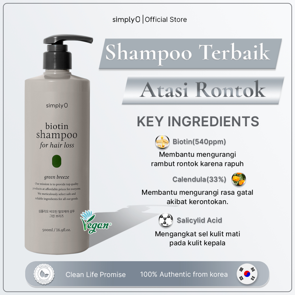 SimplyO Biotin Shampoo For Hair Loss (Green Breeze) 500ml shampoo anti rontok