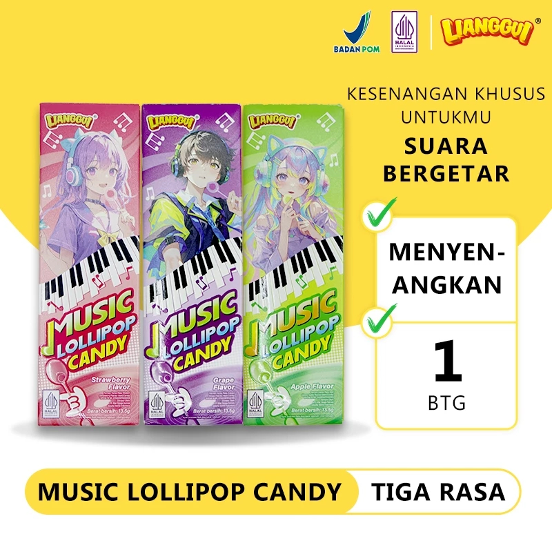 Permen Musik Viral Lianggui Lolipop Music Candy 3 Rasa Apel Hijau Anggur Stroberi Lollipop Hits