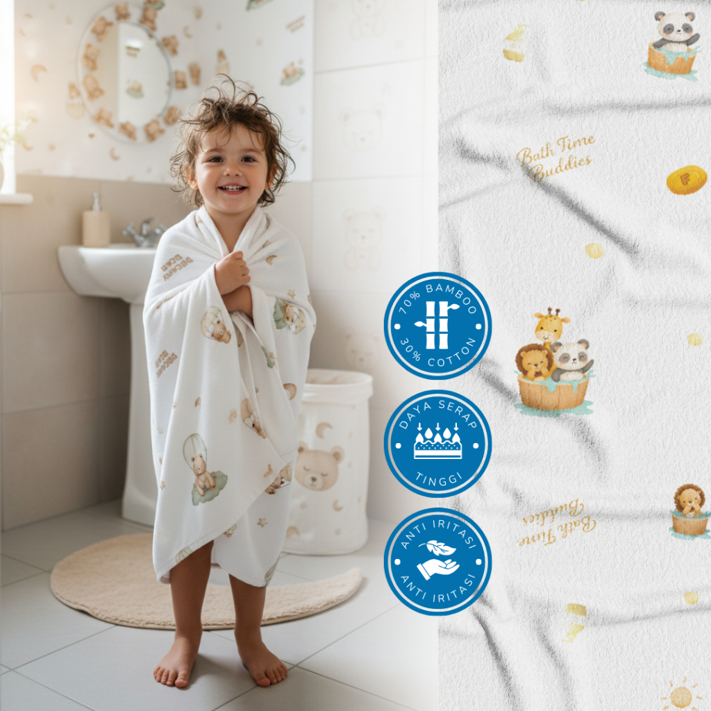 [NEW MOTIF] FLUFFY - Handuk Anak 60 x 120 cm - Cotton Bamboo Towel - Daya Serap Tinggi dan Anti Irit